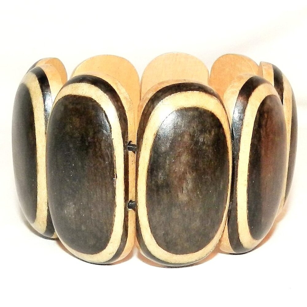 Wood Laminated Domed Flat Oval 42mm Bead 7-1/2" Elastic Stretch Bracelet BR488